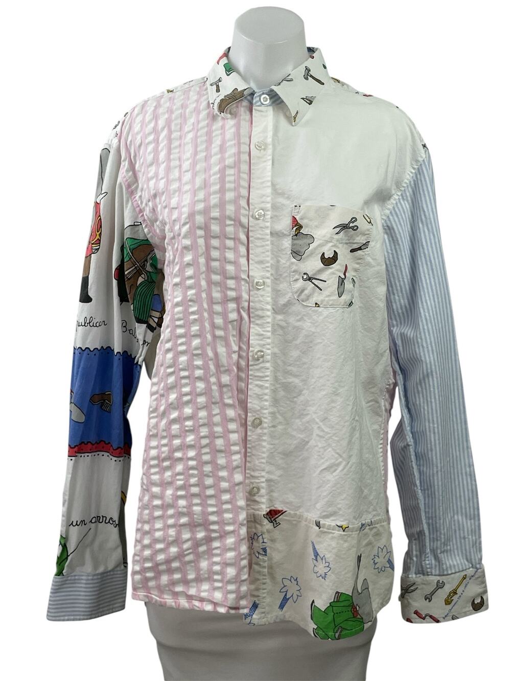 Outsiders Division Women Striped Graphic Patchwork Long Sleeve Button Up Shirt L